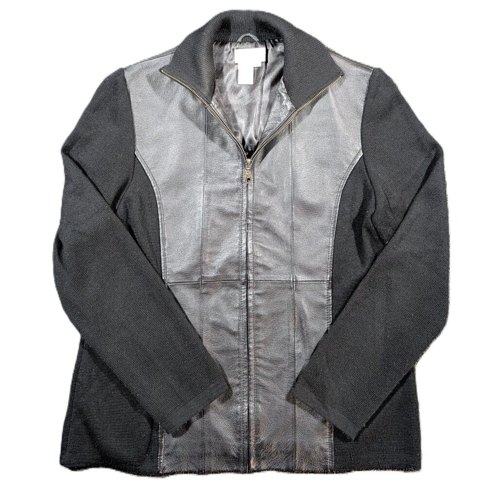 Coldwater Creek Jacket Women's M Black Leather Wool Ribbed Full Zip Pockets